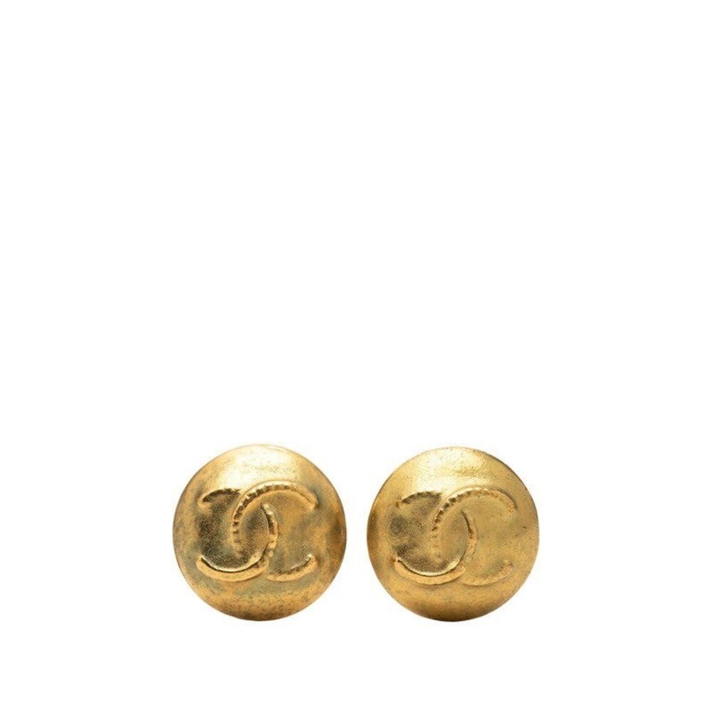 Chanel CC Logo Round Plated Earrings Gold